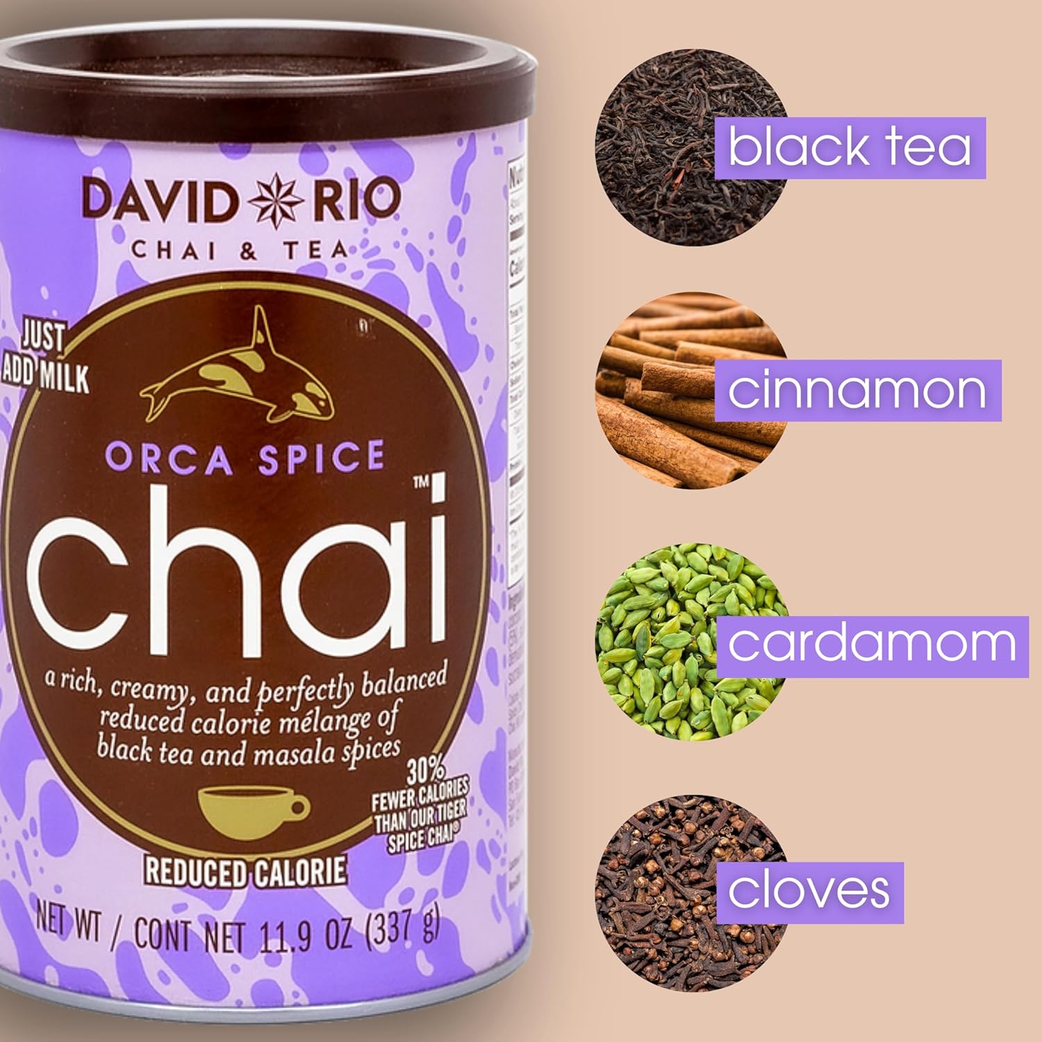 Orca Spice Reduced Calorie Chai Tea Latte Mix, 47.6 Oz, Black Tea, Organic Spices, Sugar Free, Dairy Free, Serve Hot or Cold, Just Add Water or Milk, 56 Servings, Perfect for Food Service
