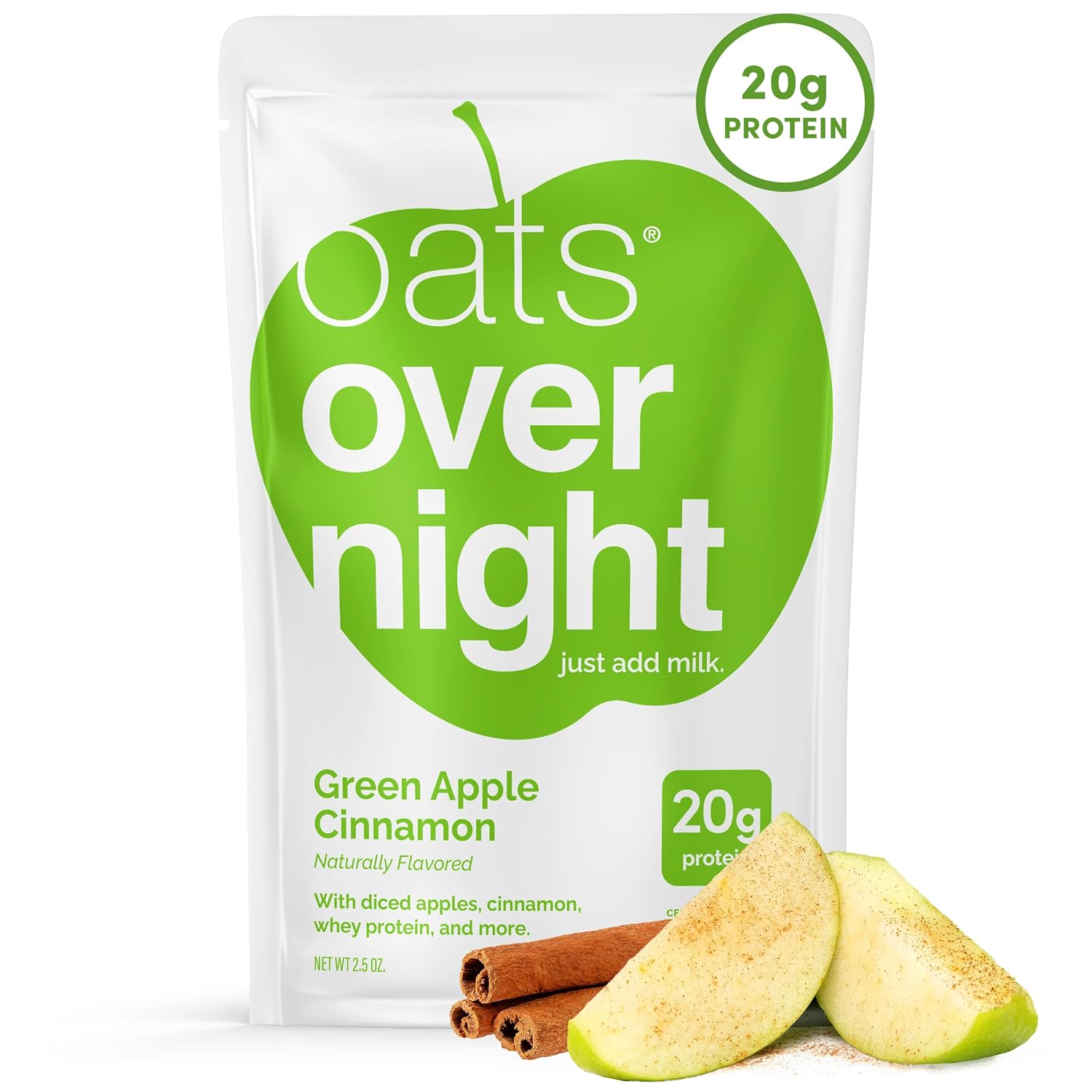 Oats Overnight Green Apple Cinnamon - Overnight Oats with 20g Protein, High Fiber Breakfast Protein Shake - Gluten Free Oatmeal, Non GMO High Protein Oatmeal (2.6 oz per Meal) (8 Pack)
