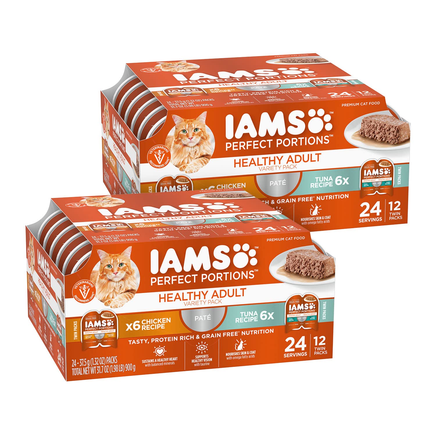 IAMS Perfect Portions Healthy Adult Wet Cat Food Pate, Chicken and Tuna Recipe Variety Pack, Easy Peel Twin-Pack Trays (12 Count, 24 Servings) (Pack of 2)