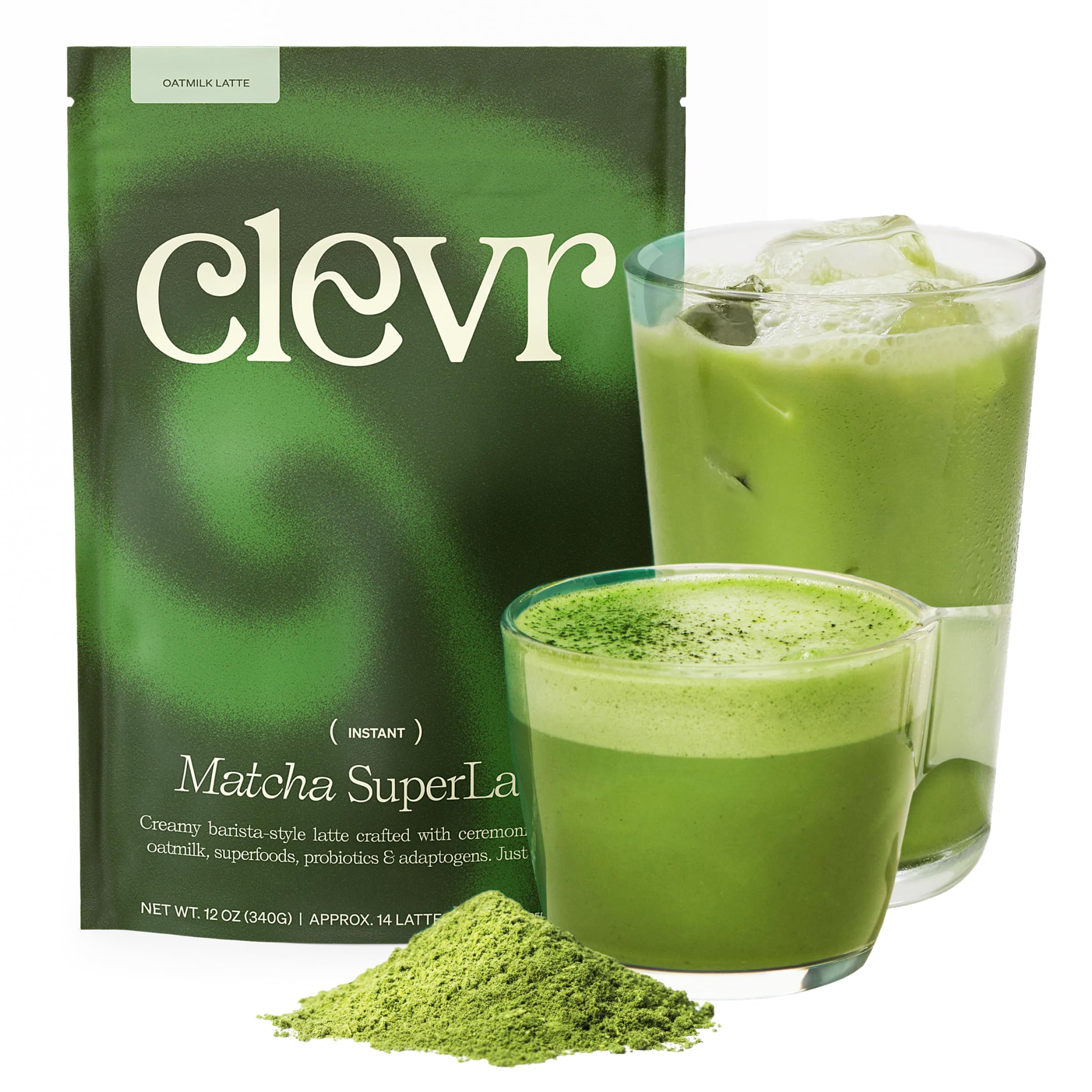 Clevr Organic Matcha Green Tea Latte, Instant Ceremonial Grade, Superfood Powder Blend with Oat Milk, Lions Mane, Reishi Mushroom, Coconut Cream, Ashwagandha, Serve Hot or Iced, (14 Lattes)