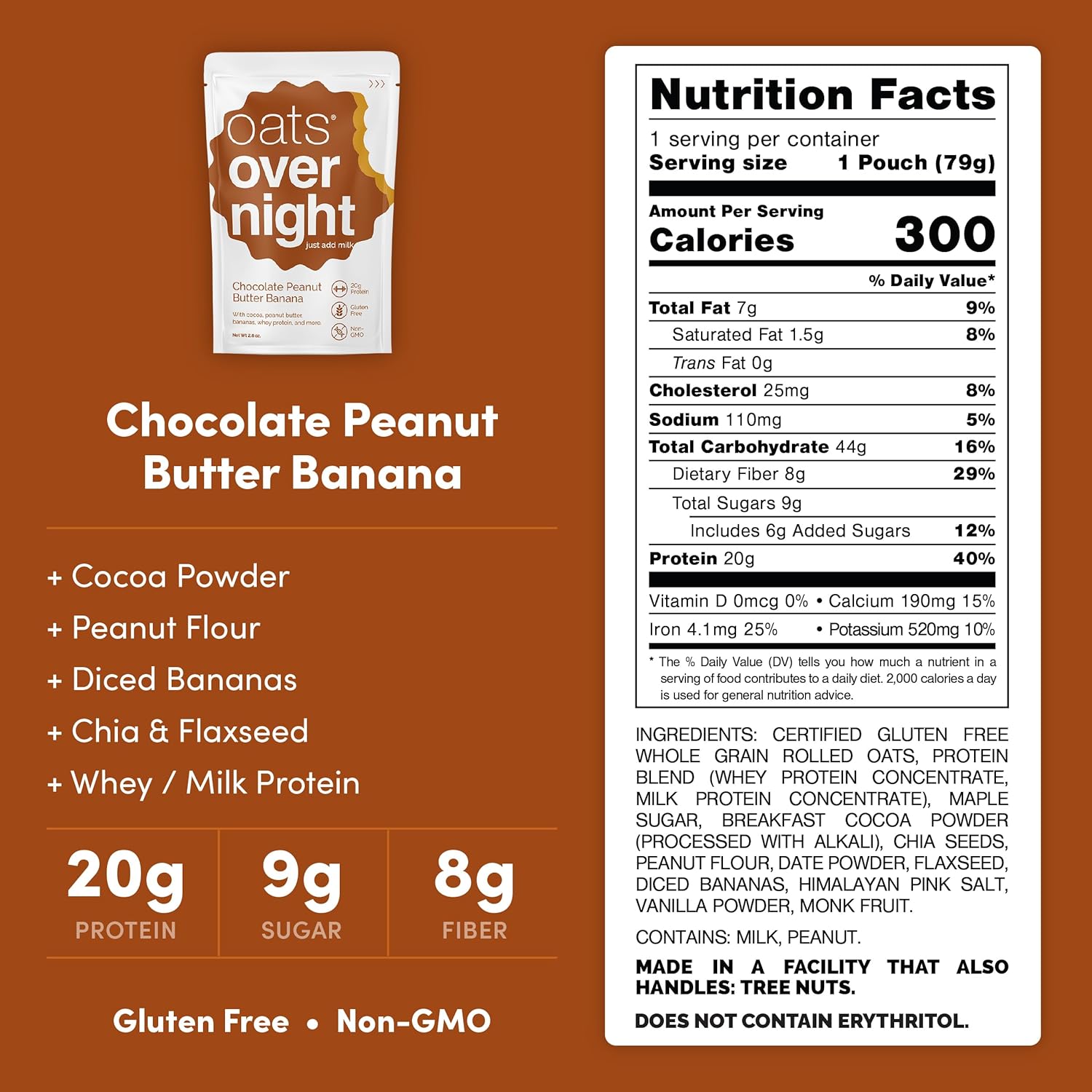 Oats Overnight Chocolate Peanut Butter Banana - Overnight Oats with 20g Protein, High Fiber Breakfast Protein Shake - Gluten Free Oatmeal, Non GMO High Protein Oatmeal (2.8 oz per meal) (8 Pack)