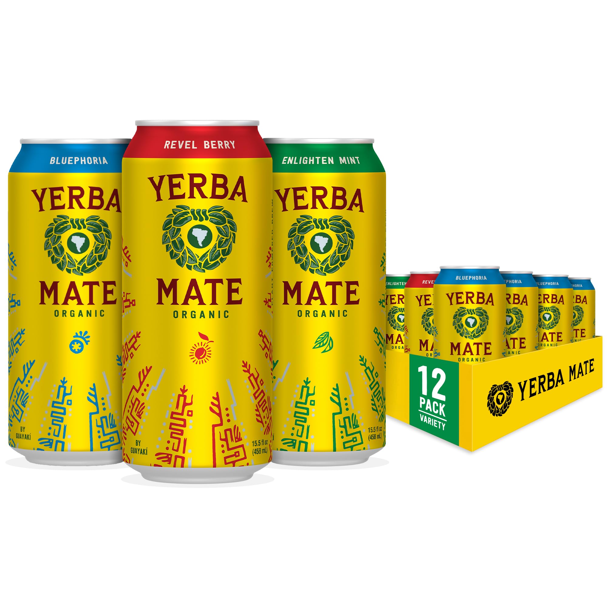 Yerba Madre Organic Yerba Mate, Enlighten Mint, 150mg Natural Caffeine, Energy Drink Alternative, No Jitters or Crash, 15.5 Oz Cans (Pack of 12)