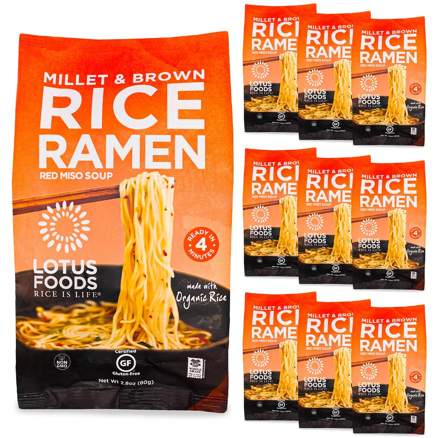 Lotus Foods Bulk Food Organic Millet & Brown Rice Ramen Noodles with Red Miso Soup, Gluten-Free Easy to Cook & Healthy Japanese Noodles with Instant Gourmet Broth, 2.8 Oz (Pack of 10)