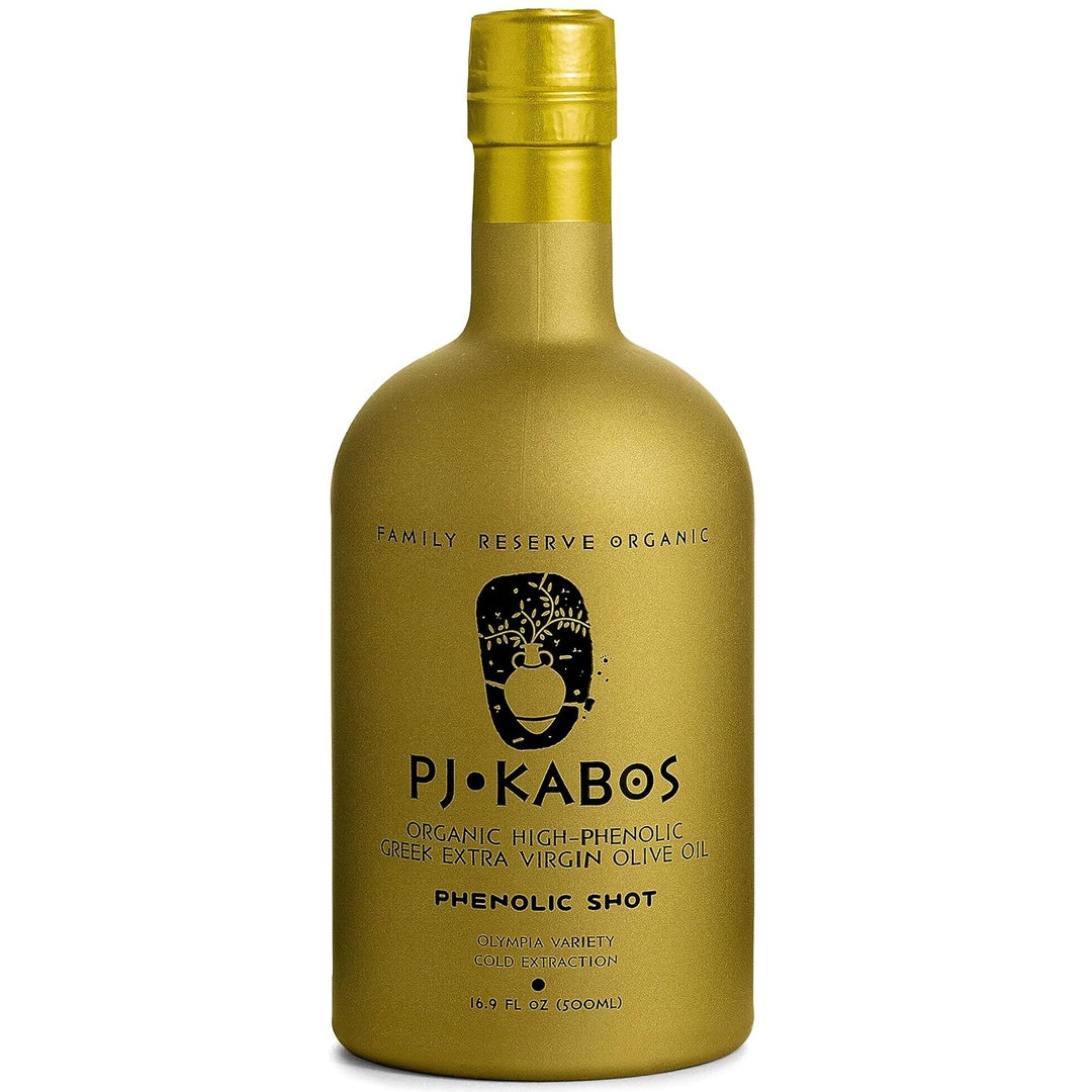 P.J. KABOS 2025/26 Fresh Harvest, Extremely High Phenolic (900+ mg/kg), USDA Organic Greek Extra Virgin Olive Oil, Kosher, Cold Extracted, 16.9oz Glass Bottle, PJ KABOS “Family Reserve Organic - Phenolic Shot”