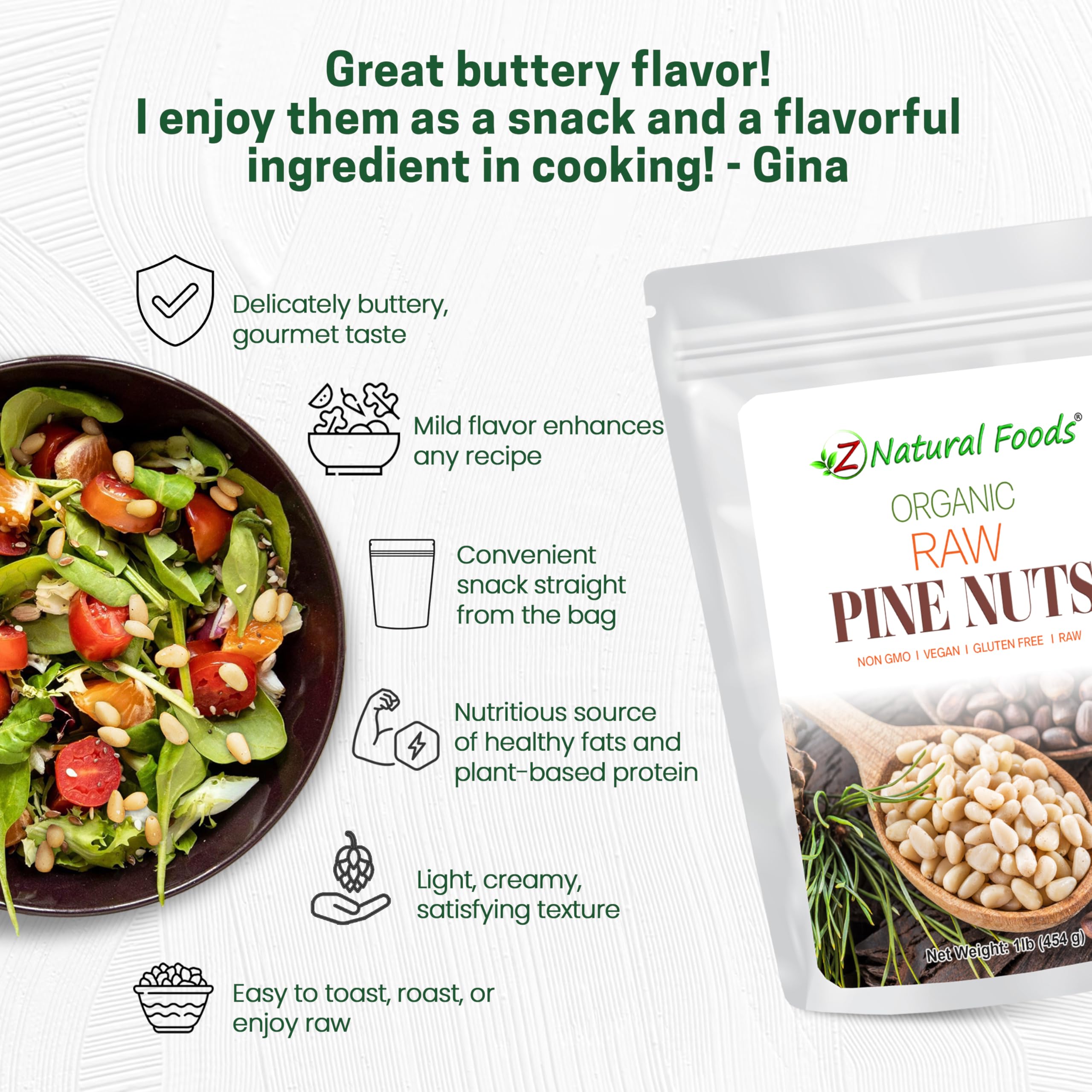 Z Natural Foods Organic Pine Nuts - Raw Nutrient-Dense Superfood Packed in Airtight Foil Pouches - Pure Pine Nut for Pesto, Trail Mix, Salad & Recipes - Vegan, Gluten-Free, Keto-Friendly Snacks, 1 lb