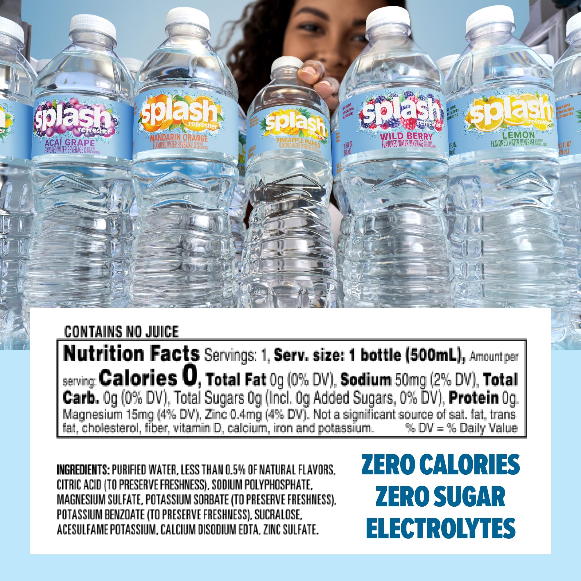 SPLASH REFRESHER Flavored Water Bottles, Lemon Flavor - 6-Pack, 16.9 Fl Oz - Refreshing Flavored Bottled Water with Electrolytes - Zero Sugar & Zero Calories