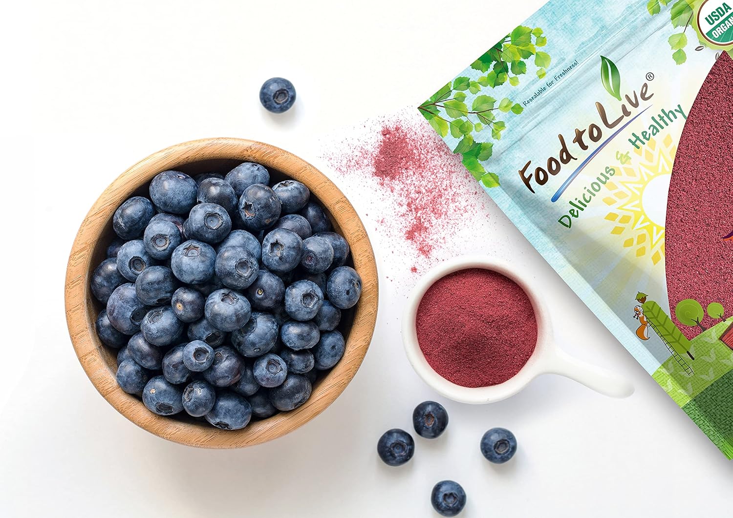 Food to Live Organic Blueberry Powder, 1 Pound - Non-GMO, Unsulfured, Raw, Vegan, Bulk, Great for Juices, Smoothies, and Instant Breakfast Drinks, Contains Maltodextrin, No Sulphites