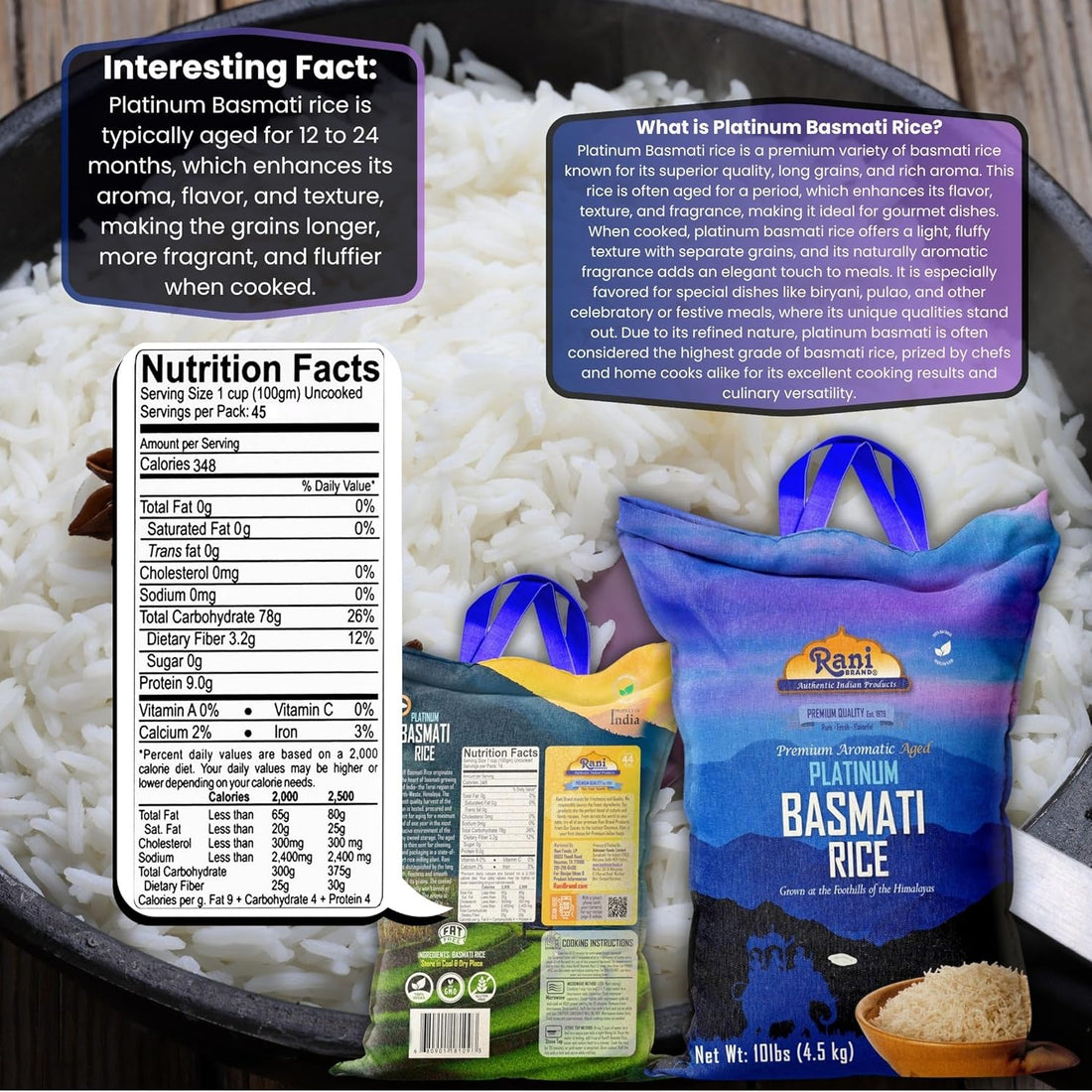 Rani Platinum White Basmati Rice Extra Long Aged 10-Pound Bag, 160oz (10lbs) 4.53kg ~ All Natural | Gluten Friendly | Vegan | Indian Origin | Kosher | Export Quality
