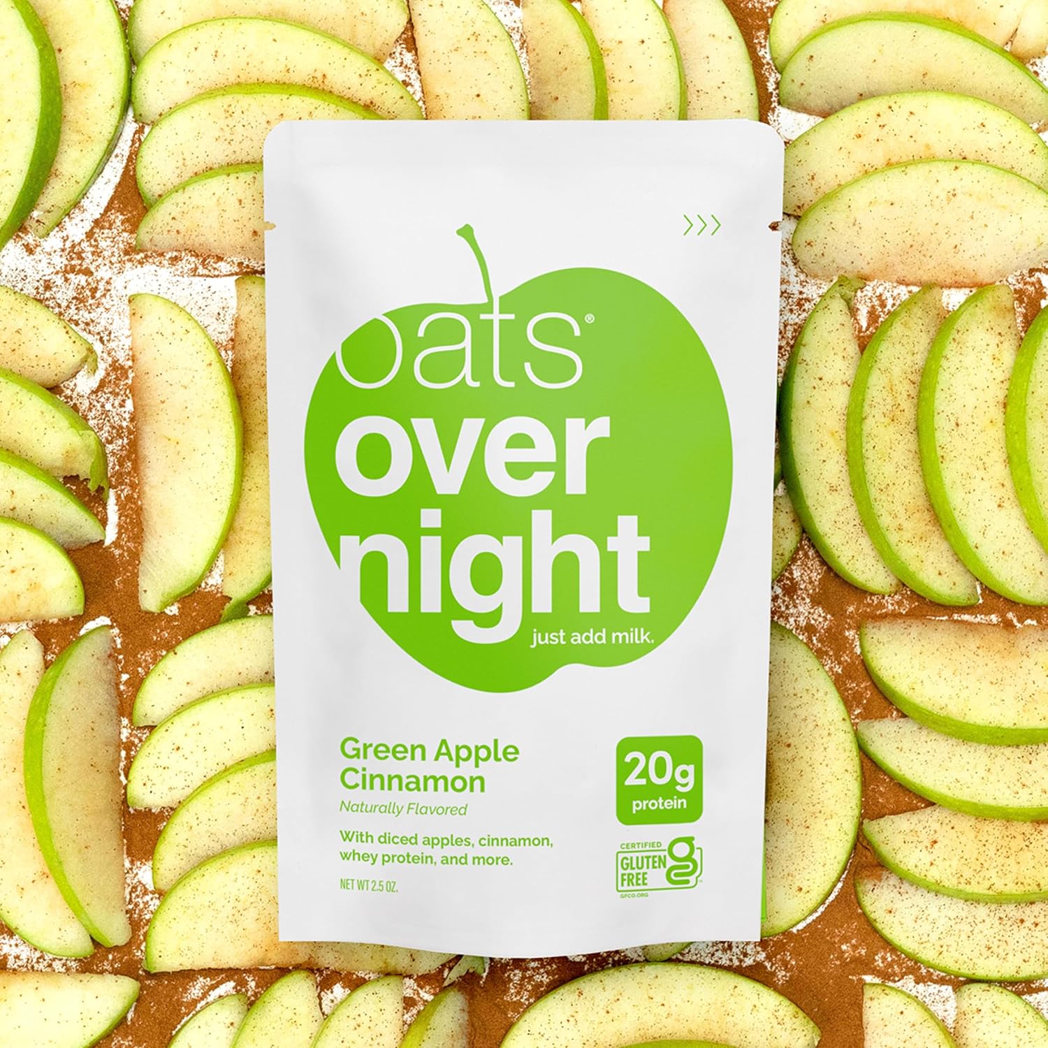Oats Overnight Green Apple Cinnamon - Overnight Oats with 20g Protein, High Fiber Breakfast Protein Shake - Gluten Free Oatmeal, Non GMO High Protein Oatmeal (2.6 oz per Meal) (8 Pack)