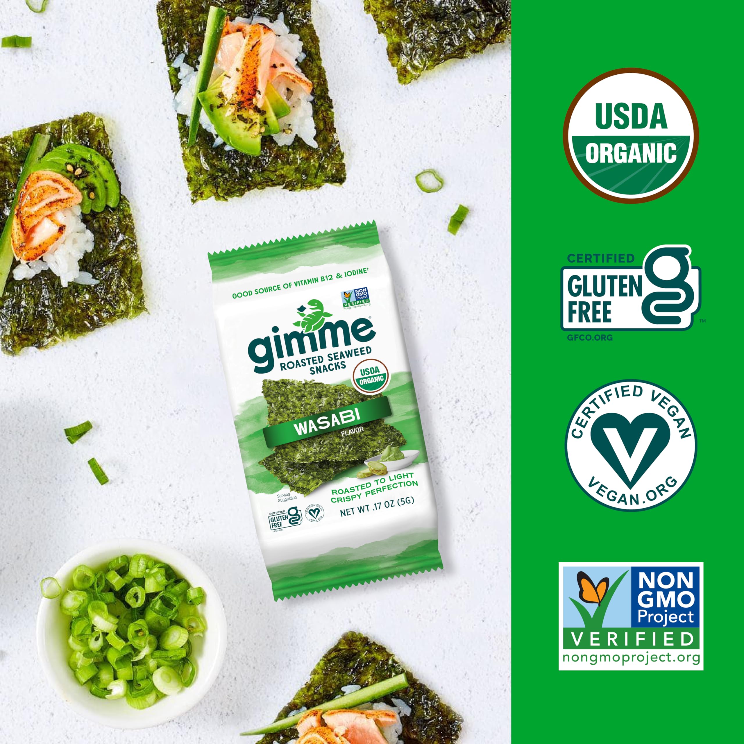 Gimme Seaweed Organic Premium Roasted Seaweed Snacks, Sea Salt, 20 Count, Keto, Vegan, Gluten-Free, Great Source of Omega3s and Iodine, Healthy On-The-Go Snack for Kids and Adults