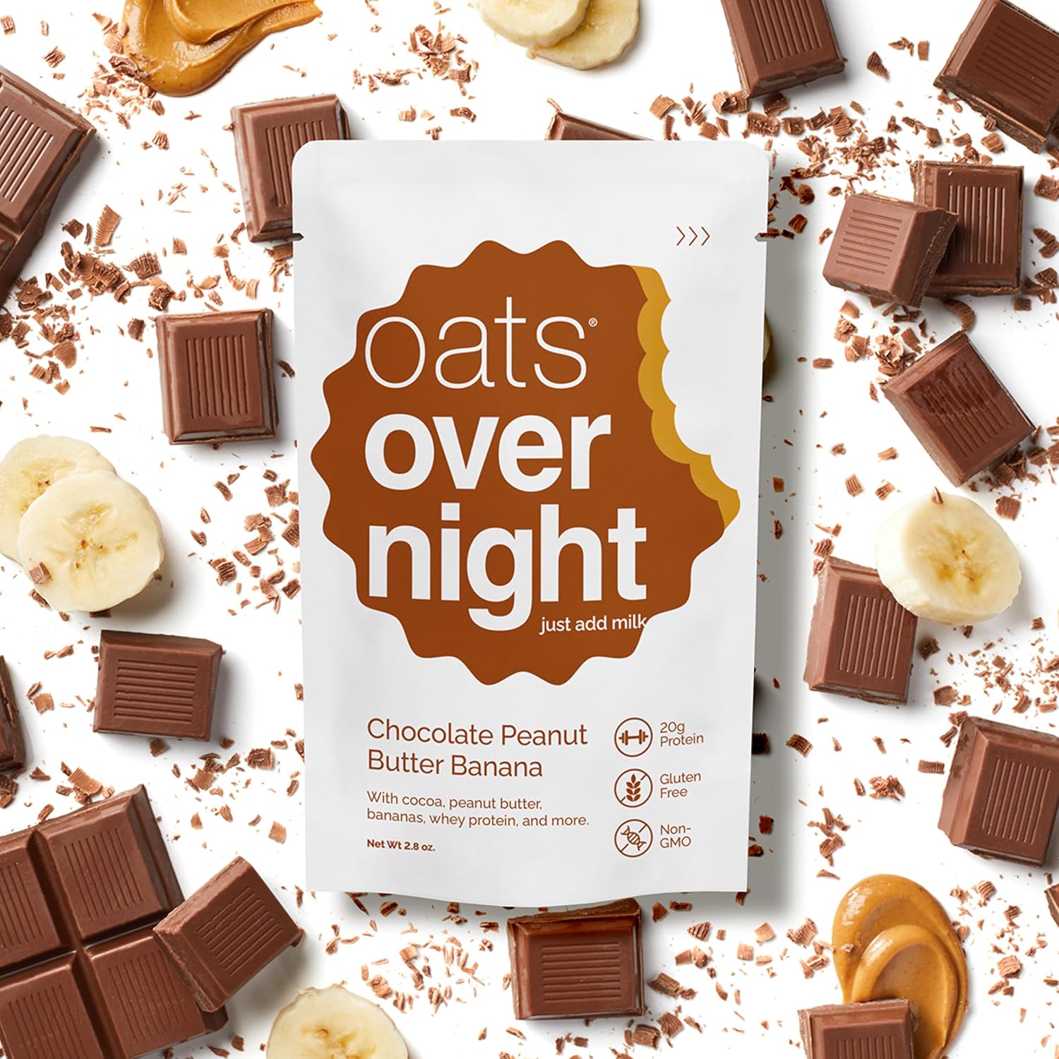 Oats Overnight Chocolate Peanut Butter Banana - Overnight Oats with 20g Protein, High Fiber Breakfast Protein Shake - Gluten Free Oatmeal, Non GMO High Protein Oatmeal (2.8 oz per meal) (8 Pack)