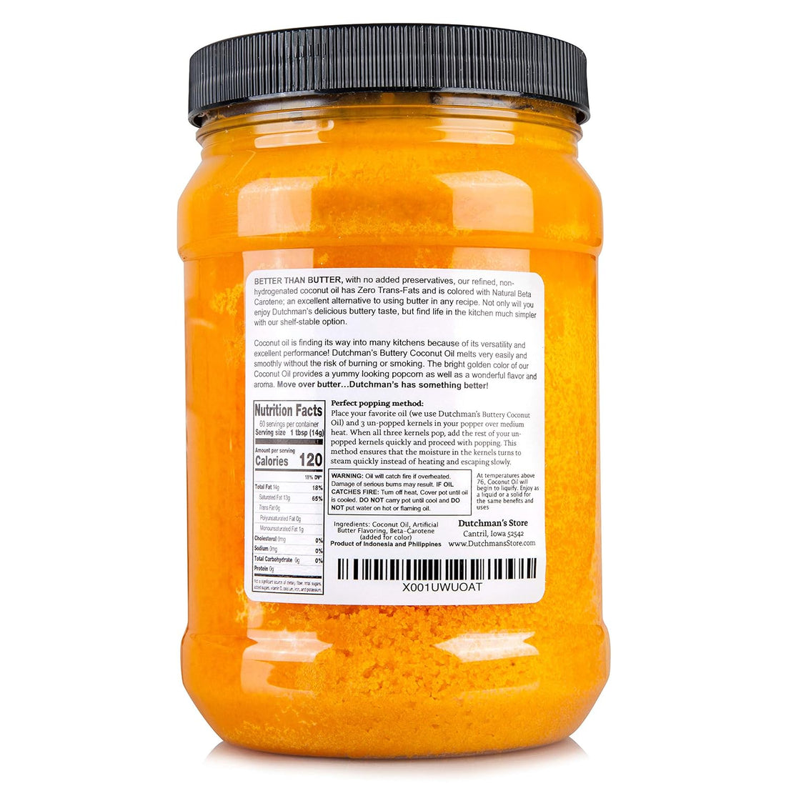 Dutchman’s Popcorn Coconut Oil | Butter Flavored Oil, 30oz Jar - Colored with Natural Beta Carotene, Makes Theater Style Popcorn, Vegan, Healthy, Zero Trans Fat, Gluten Free, Made in USA