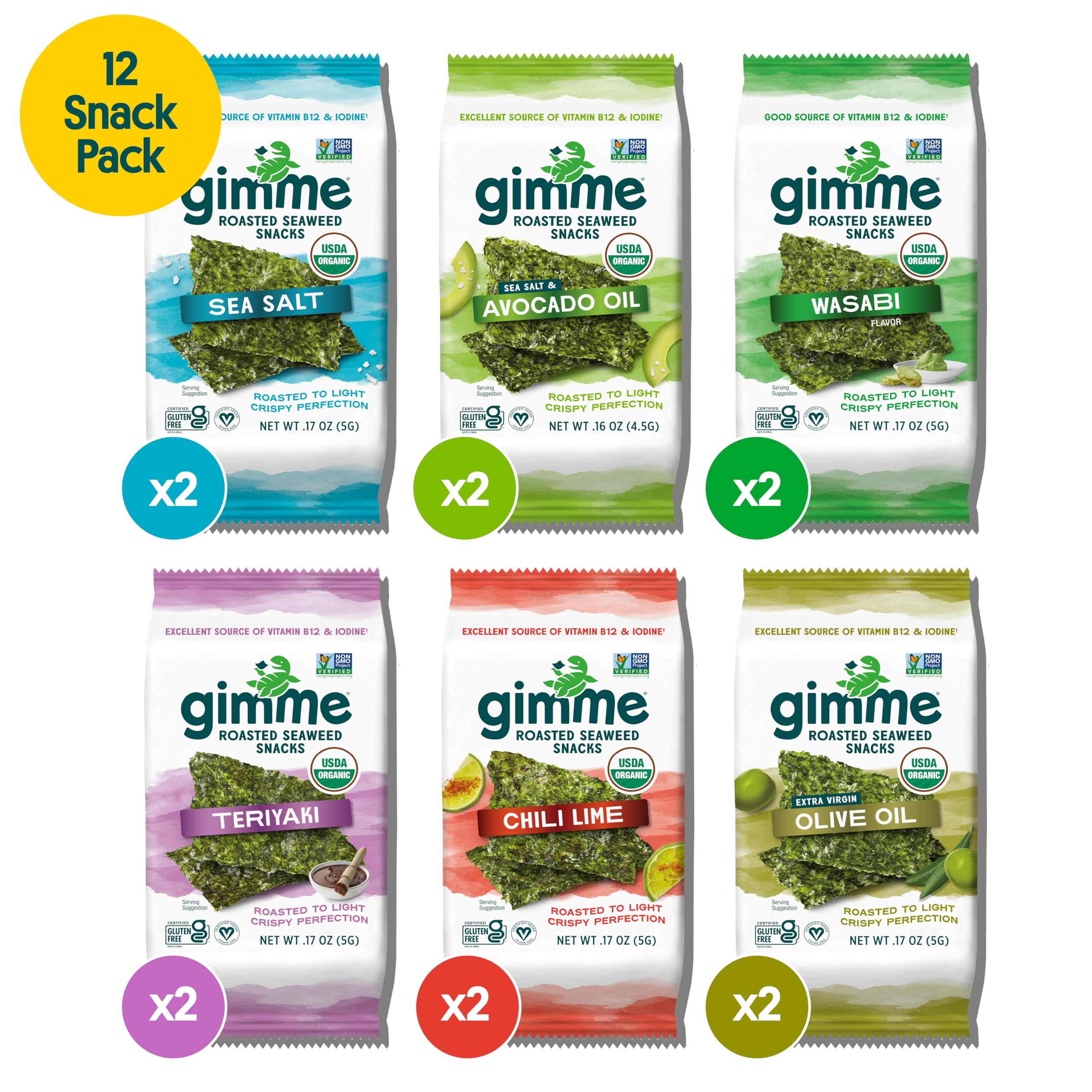 Gimme Seaweed Organic Premium Roasted Seaweed Snacks, Sea Salt, 20 Count, Keto, Vegan, Gluten-Free, Great Source of Omega3s and Iodine, Healthy On-The-Go Snack for Kids and Adults