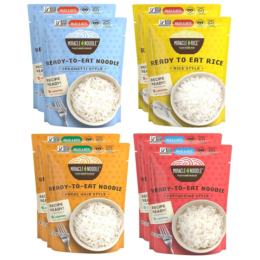 Miracle Noodle Ready to Eat Variety Pack, 7 Oz (Pack of 8), Angel Hair, Fettuccine, Spaghetti & Rice, Plant Based Shirataki Konjac Noodles, 5 Calories, Low Carb, Keto, Gluten-Free