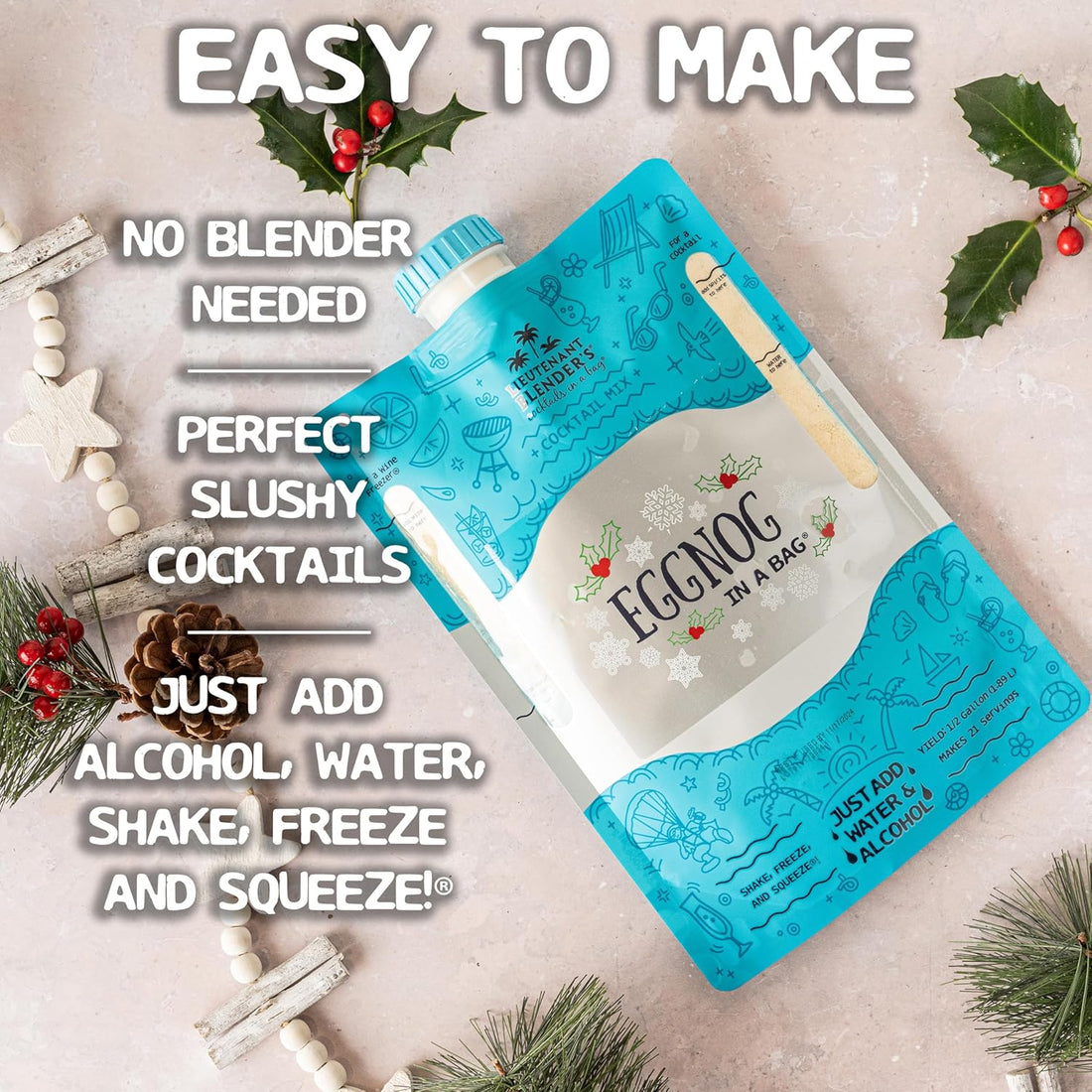 Lt. Blender's All Natural Eggnog Drink Mix for Festive Holidays, Creamy Non-Alcoholic Eggnog Cocktail Mix, Easy to Make, 16 Servings in a Resealable Bag (Pack of 1)