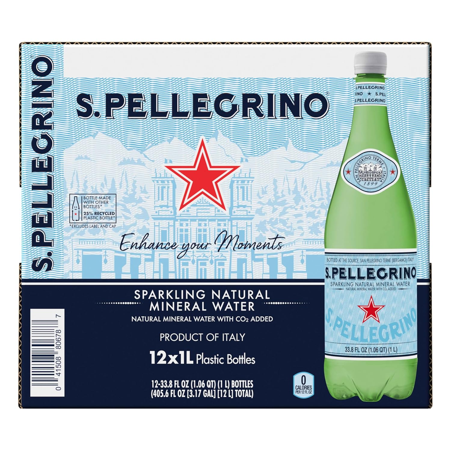 S.Pellegrino Sparkling Natural Mineral Water, 33.8 fl oz. Plastic Bottles (Pack of 12)