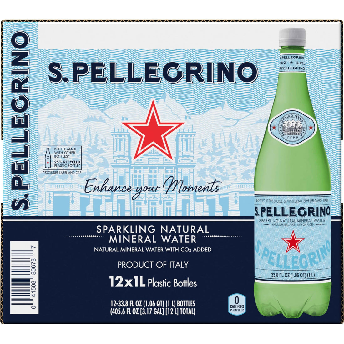 S.Pellegrino Sparkling Natural Mineral Water, 33.8 fl oz. Plastic Bottles (Pack of 12)